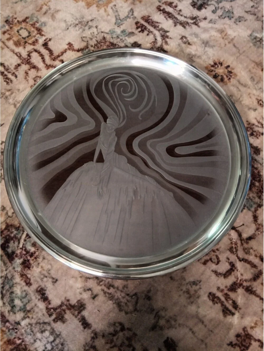 Postmodern Deep Carved Sandblasted Art Glass Charger Platter Lady Silhouette...